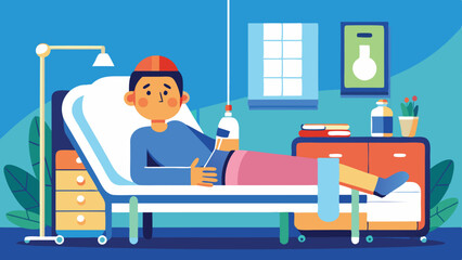 Cartoon Man with IV Lying in Hospital Bed in Clean Minimalist Style
