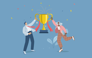 Successful businessman and woman holding trophy happily, Teamwork to achieve business goal, Growth and progress, Celebration of success, Flat design vector illustration.