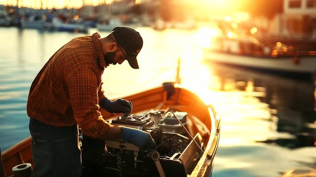 Dockside mechanic repairing small tugboat engine, tools scattered around, vessel floating calmly in sunlit harbor