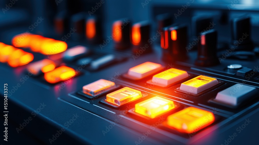 Poster close-up of illuminated control panel with buttons and knobs in a modern studio setting