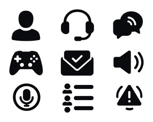 Online Gaming Icons. Solid, filled icons set of online gaming with voice chat: gamer avatar, gaming headset,