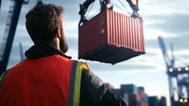 Dockworker in reflective vest directing massive crane lifting shipping container, busy port background under bright daylight