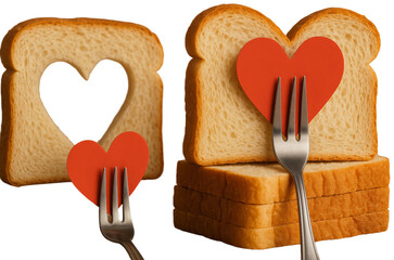 Heart-shaped bread and forks with red hearts, transparent background png