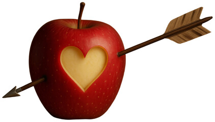 Red apple pierced by arrow revealing heart shape, transparent background png