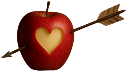 Red apple pierced by arrow revealing heart shape, transparent background png