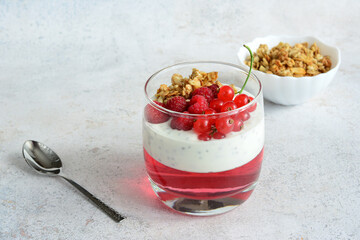 Layered Dessert with Red Currants, Granola and Yogurt with chia seeds in a Glass