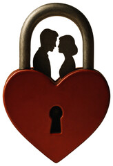 Heart-shaped padlock with lovers silhouette above open book, transparent background png