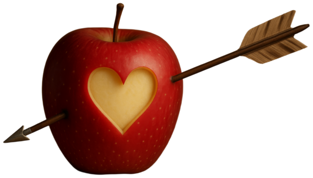 Red apple pierced by arrow revealing heart shape, transparent background png