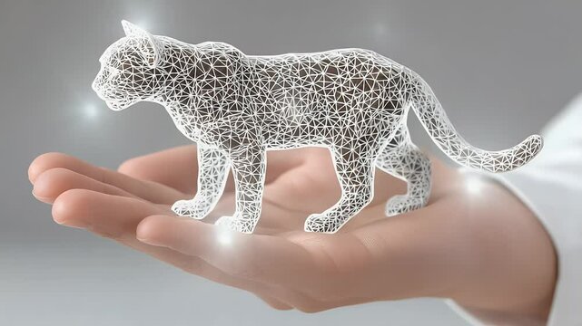 Digital Cat Hologram in Open Hand Against Gray Background
