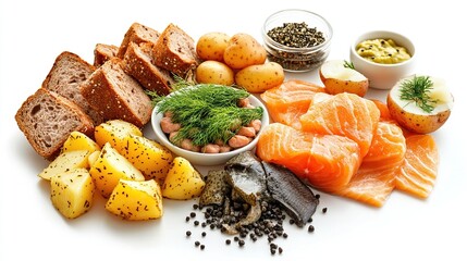 Assorted healthy foods, including bread, potatoes, salmon, and herbs