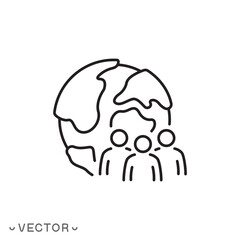 people group with globe icon, community of different nationalities concept, thin line symbol isolated on white background, editable stroke eps 10 vector illustration