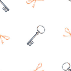 Watercolor seamless pattern with iron keys and orange bows on a white background. Isolated. It is suitable for wallpaper in the rooms of a girl or a girl. A romantic template.