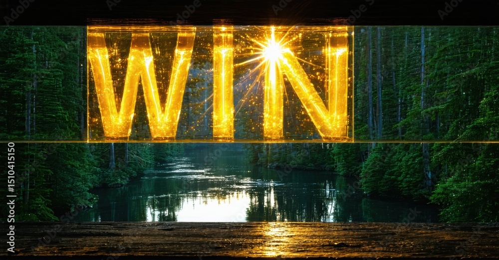 Poster bright golden win text over forest scene. water reflects trees, creating serene mood. light shines t
