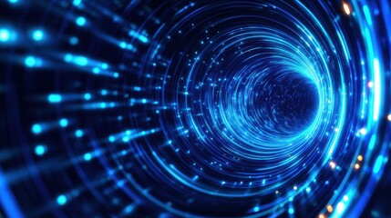 Abstract digital tunnel with glowing blue lights, creating a sense of depth and motion