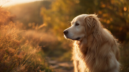 Golden retriever strolling in sunset light, side profile with soft fur, warm glow. Peaceful moment of canine grace.