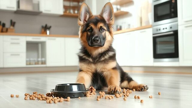 German shepherd puppy sits in kitchen with broken dog bowl, spilled kibble, tail wagging and eyes sparkling