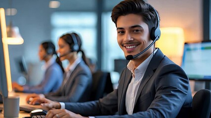 Smiling young male customer service representative wearing headset in busy modern call center with diverse colleagues working in background

 - Powered by Adobe
