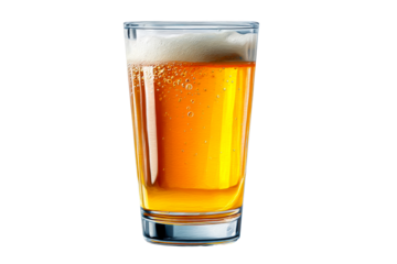 Refreshing glass of amber beer with bubbles on a clear background
