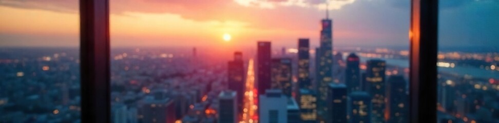 Fototapeta premium A blurred city skyline at sunset, viewed from a high-rise office window, suggesting a corporate sender The image evokes ambition, success, and a professional environment , sunset, bokeh