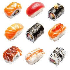 Variety of sushi rolls  isolated on transparent background