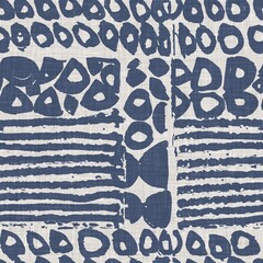 French blue abstract scribble linen seamless pattern. 2 tone country cottage style motif. Simple vintage rustic farmhouse fabric textile effect. Primitive modern shabby chic furnishing cloth design