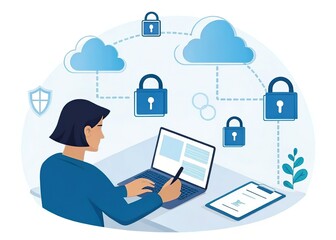 Woman at Laptop with Cloud Network, Lock Icons, Security Shield, and Clipboard