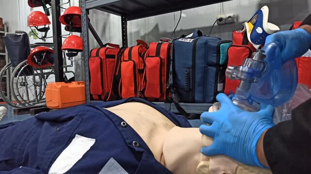 First aid cardiopulmonary resuscitation course using automated external defibrillator device, AED.