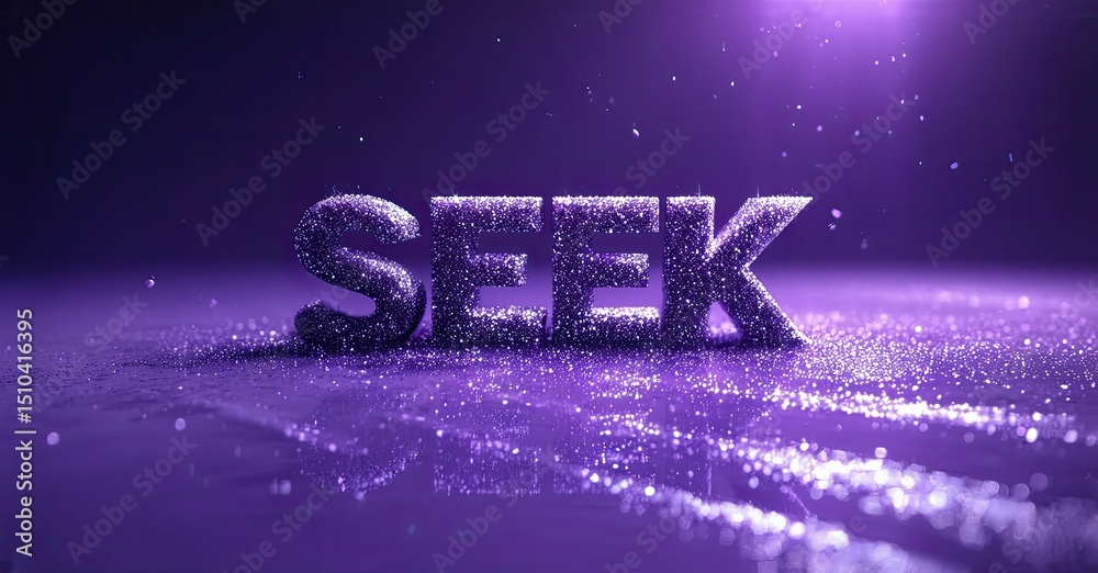 Leinwandbilder purple text spells seek over reflective surface. glittering particles surround letters, creating dra