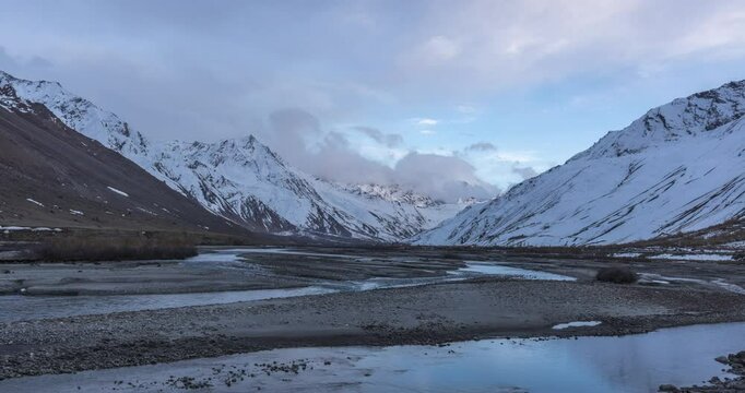 4K timelapse video of Nun Kun mountain peaks and glacial river in Zanskar Valley, Ladakh, before the blue hour.