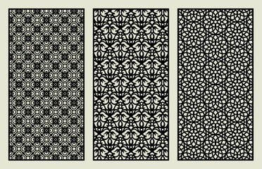 Set of cute carved panels. Vertical rectangular grilles with abstract geometric pattern, floral plant ornament. Vector template for plotter laser cutting of paper, wood carving, metal engraving, cnc.