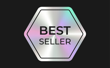Best seller label with chrome holographic effect on hexagon shape. Metallic gradient icon, badge, tag, sticker.