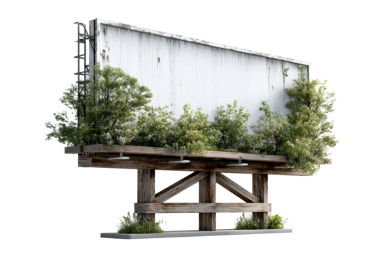 Creative billboard structure with greenery on a transparent background
