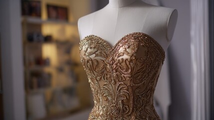 Elegant gold embellished evening gown on mannequin in studio setting