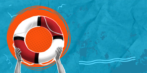 Trendy collage in pop art style. Hands holding a lifebuoy on a blue background. Concept of saving drowning people. Negative space for inserting text or advertising.