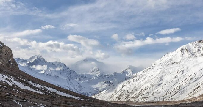 4K timelapse video of clouds drifting over snow-covered Nun Kun mountains in Zanskar Valley, Ladakh, India