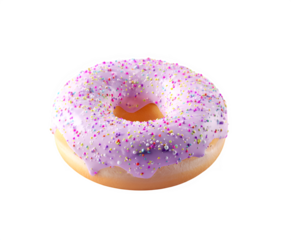 Purple glazed donut with sprinkles isolated on transparent background