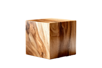 Unique wooden cube with smooth finish on transparent background