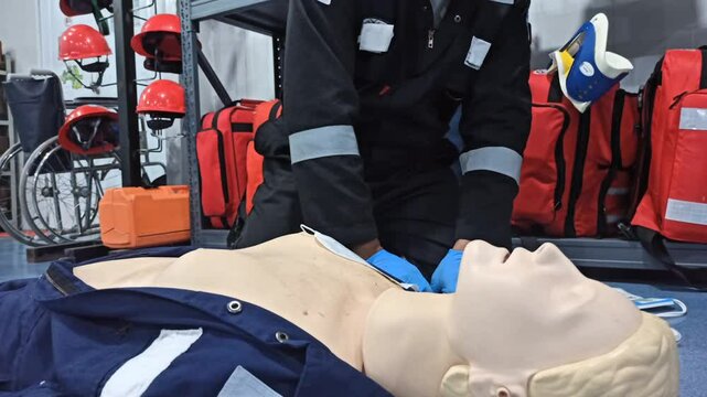 First aid cardiopulmonary resuscitation course using automated external defibrillator device, AED.