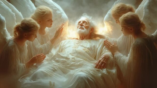 Deathbed vision: human soul flight, body repose, sacred crossing, angel encounter, spiritual farewell, eternal passage, divine light, peaceful ending, soul ascent, heavenly guidance, last moment