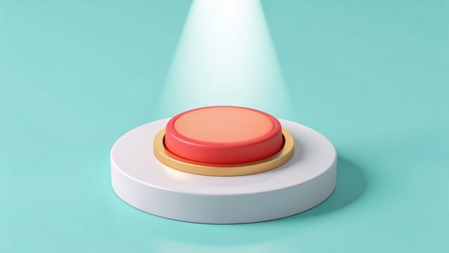 A large red button is illuminated by a spotlight on a teal background, suggesting activation or decision-making.
