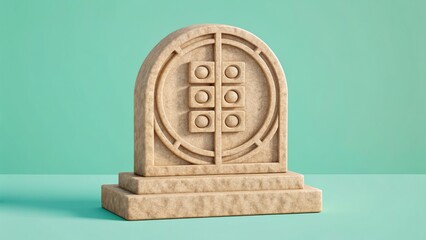 Stone monument with geometric circular carvings, set against a mint green background.