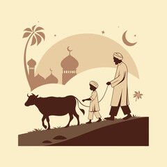 Naklejka premium Muslim Man and child walking with qurbani animal cow Silhouette Style