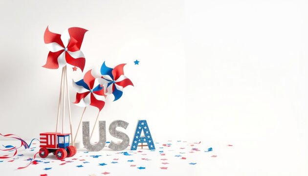 Patriotic still life with USA letters and red, white, blue decorations