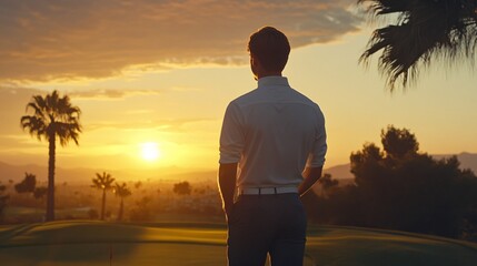 Man Observing Sunset Over Golf Course with Palm Trees in Background