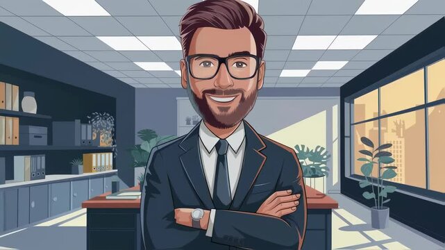 Caucasian man, a businessman, smiling in his modern office, dressed in a suit with arms crossed, portraying confidence and successful career concept, vector illustration.