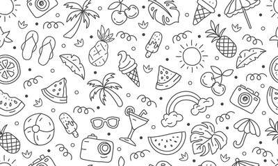 Hand drawn doodle seamless pattern with a summer line icon collection design on white background