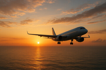 A plane flying over an ocean at sunset.