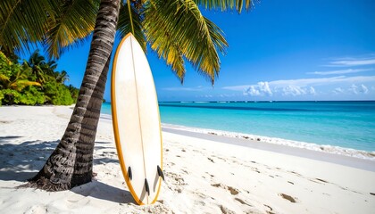 Tropical Beach Paradise Surfboard Leaning Against Palm Tree, Idyllic Ocean View