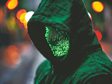 Mysterious hooded figure with glowing green LED face mask in urban environment, anonymous concept