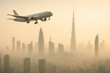 Airplane flying over city with tall buildings.